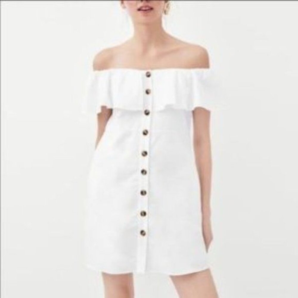 Zara TRF Collection Off The Shoulder Button Up Dress Pockets